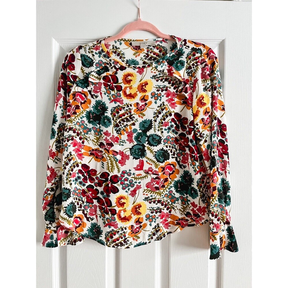 Ann Taylor LOFT XXS Women's White Multicolor Floral Ruffle Blouse Top